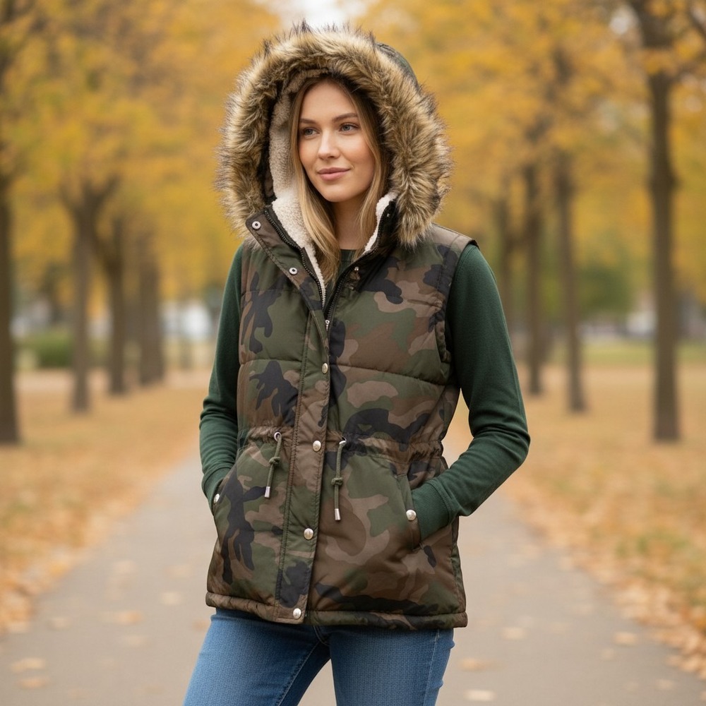 Ashley by 26 International Camo Puffer Vest Faux Fur Hood Sherpa Lined Small NEW